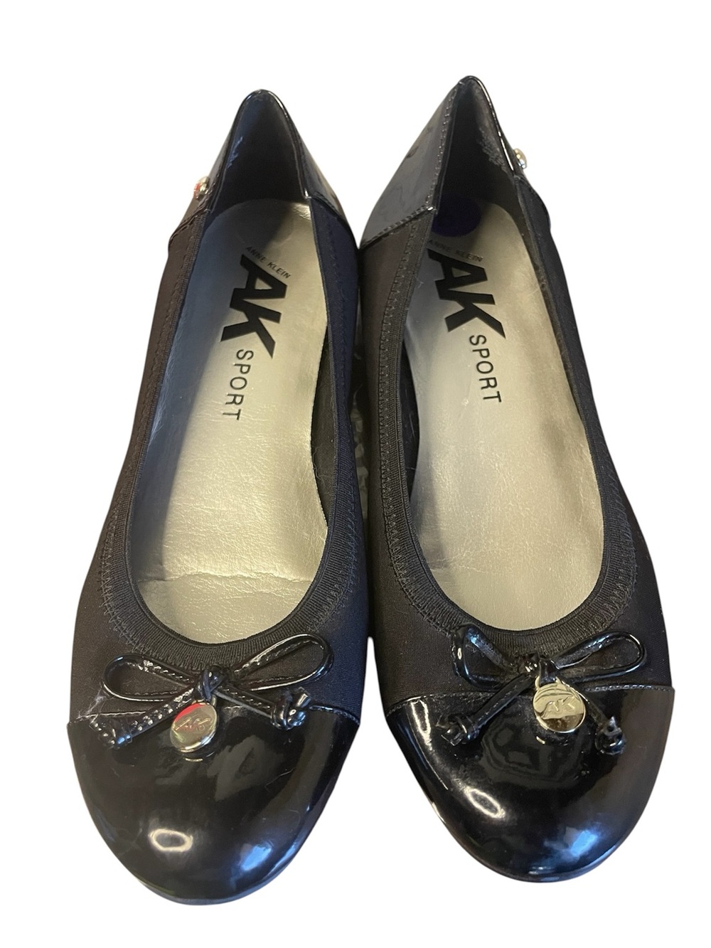 Anne Klein Black Patent Toe Ballet Flats with Logo Charm